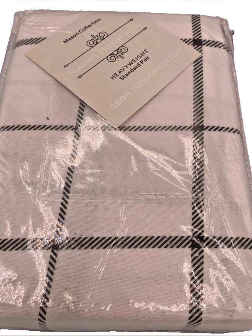 Moon Collection Turkish Cotton White Flannel Pillowcase Pair Black Windowpane